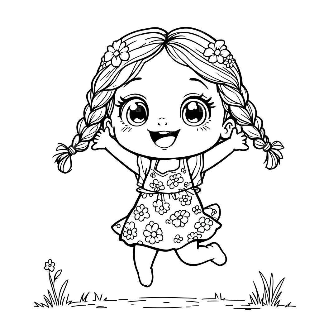 دختر بچه شادی با موهای بافته در حال پریدن در لباس گلدار - صفحه رنگ‌آمیزی خطی