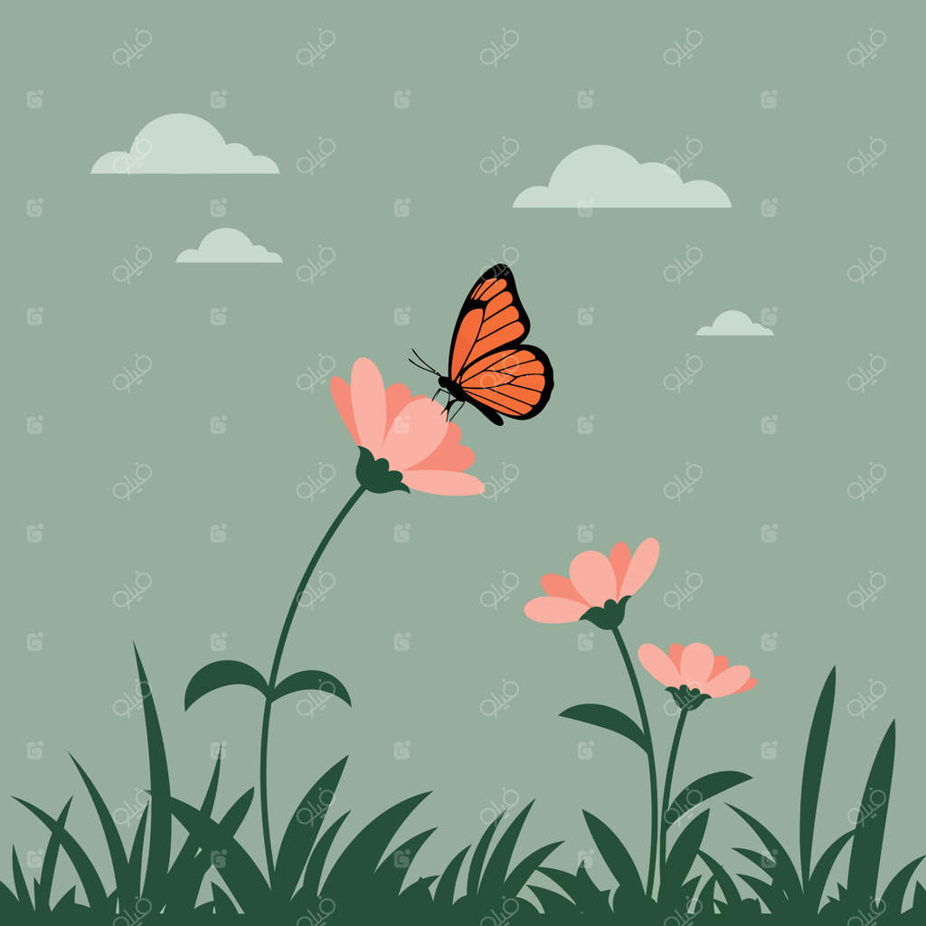 پروانه رنگارنگ بر روی گل‌های صورتی در باغی آرام با طراحی مینیمال