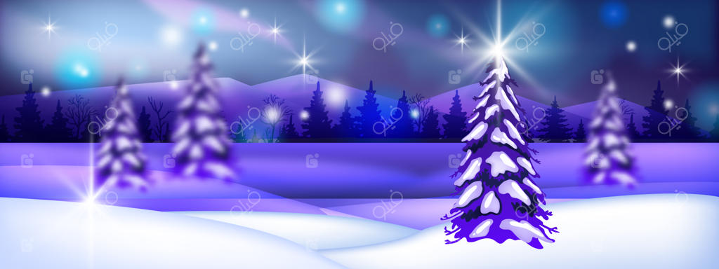 منظره زمستانی تعطیلات کریسمس با برف، سیلوئت درختان، کوه‌ها و آسمان شب