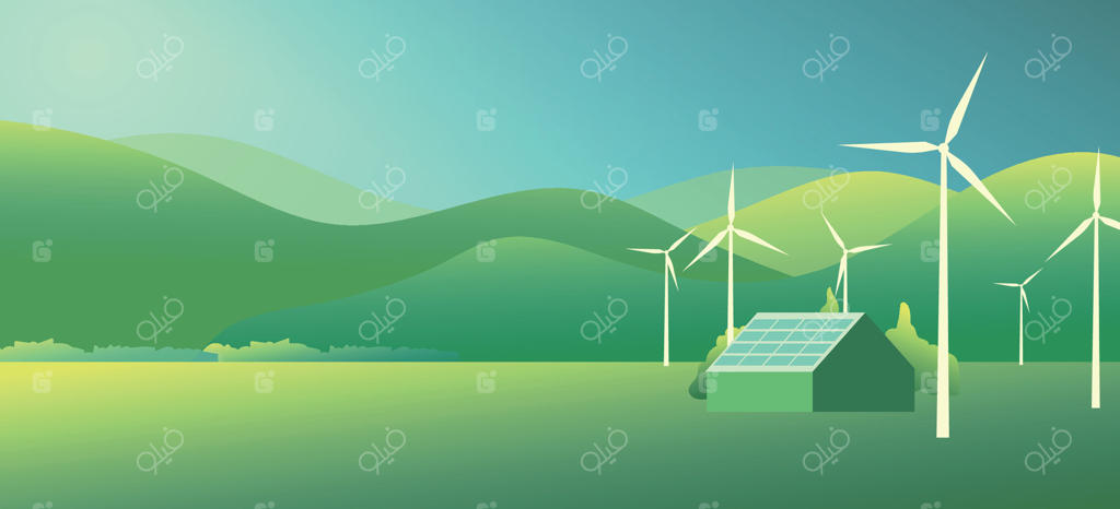 خانه روستایی با پنل‌های خورشیدی و توربین بادی، در پس‌زمینه کوهستانی؛ چشم‌اندازی از انرژی سبز پایدار و دوستدار محیط زیست.