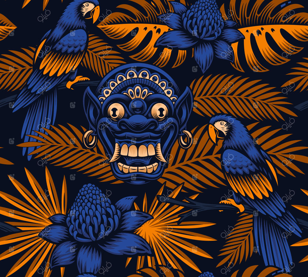 پس‌زمینه‌ای گرمسیری با پرندگان و گل‌های زیبا و خاص