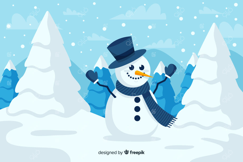 آدم برفی بامزه با کلاه شاپو و درختان کریسمس در برف