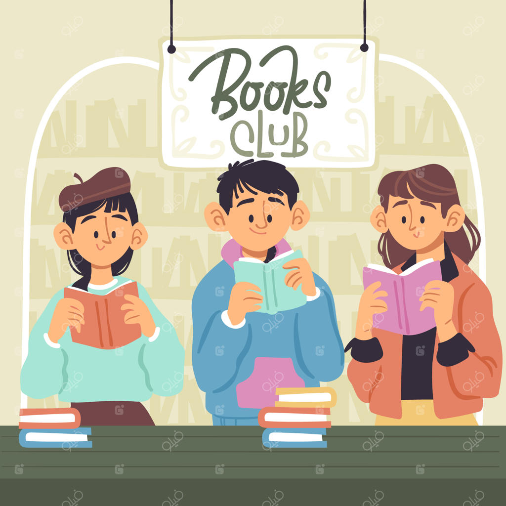 تصویرسازی باشگاه کتاب‌خوانی با طراحی تخت و دستی