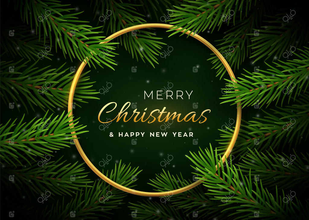 پس‌زمینه کریسمس با شاخه‌های درخت و قاب فلزی طلایی