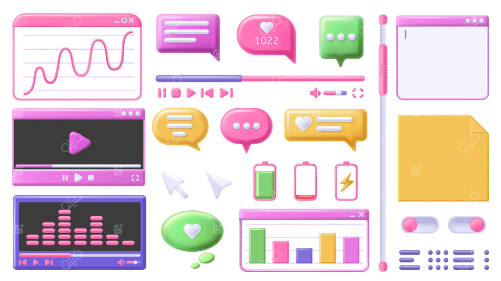 طراحی عناصر سه‌بعدی: پنجره پخش ویدئو، یادداشت‌ها و متن‌نگار، نوار اسکرول، دکمه‌های رابط کاربری و نمودارهای دفتر به صورت وکتور مجموعه‌ای کامل