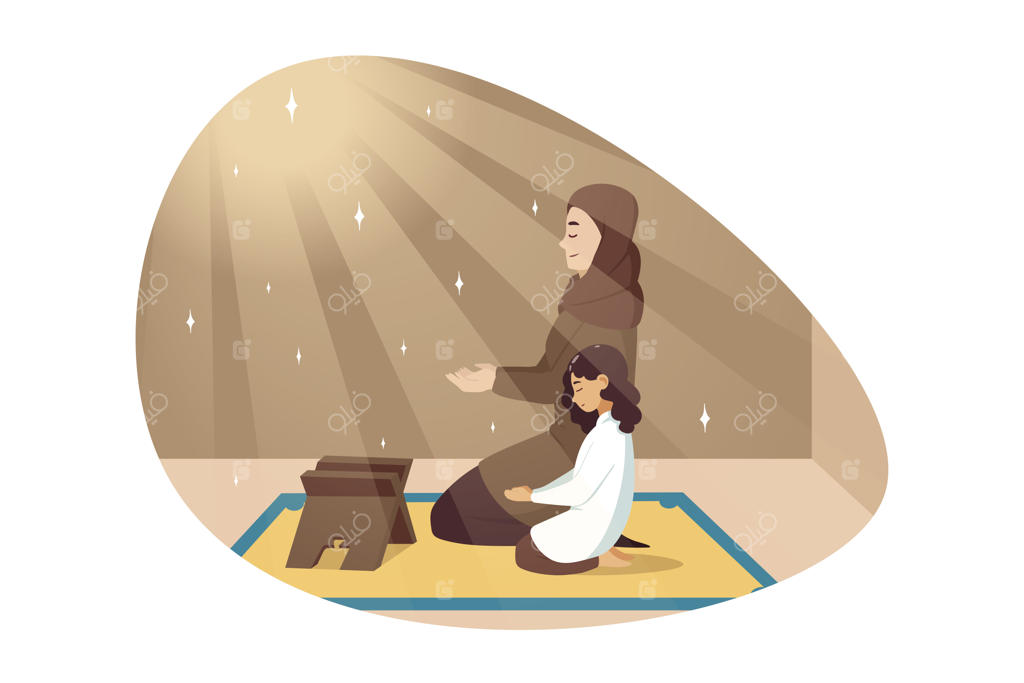 زن مسلمان جوان با حجاب در حال دعا همراه با دختر کوچک خود