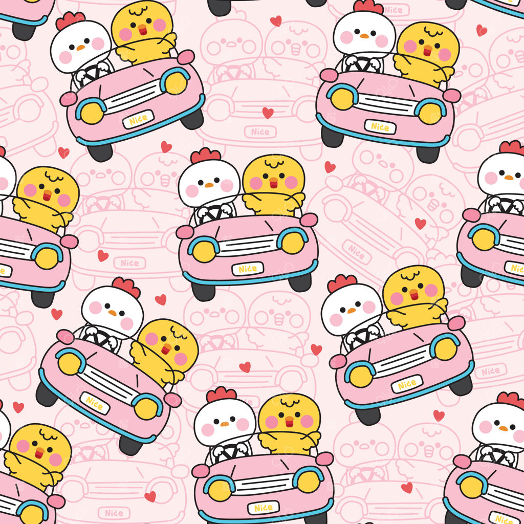 پترن بی‌وقفه مرغ و جوجه‌ی بامزه در حال رانندگی با ماشین بر روی پس‌زمینه‌ای صورتی و عاشقانه. وسایل نقلیه. شخصیت‌های کارتونی حیوانات مزرعه. کاوایی. تصویرسازی.