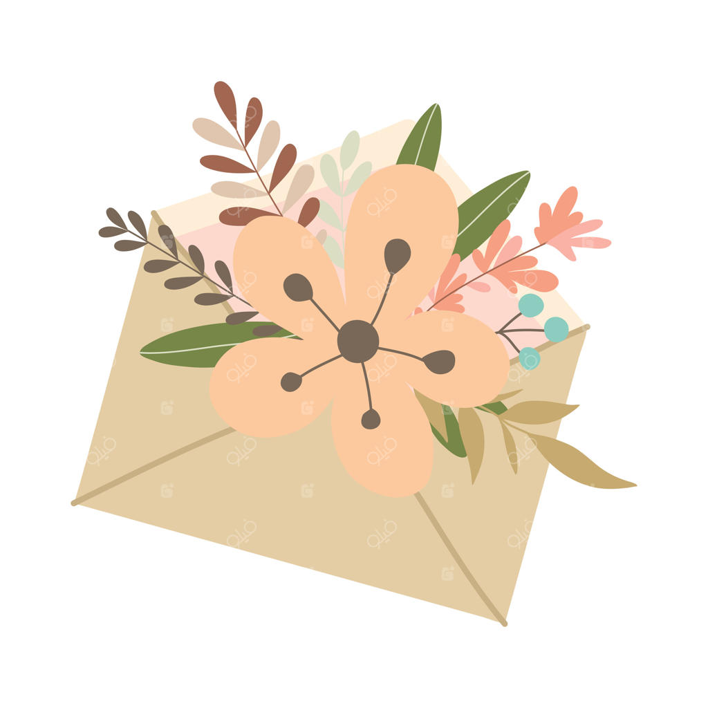 پاکت نامه با طراحی دستی به سبک تخت با گل‌ها و برگ‌ها روی زمینه سفید