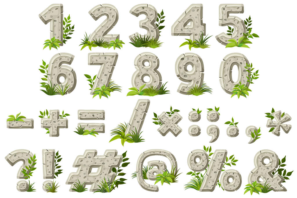 اعداد نوشته‌ٔ سنگی با علائم نگارشی و چمنزارها