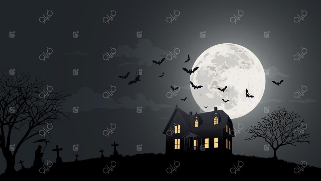 تصویر حرفه‌ای برداری از خانه تسخیر شده زیر ماه کامل و اسرارآمیز