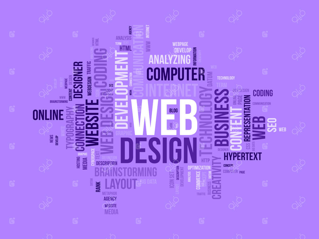 وکتور پس‌زمینه ابر کلمات با مفهوم طراحی وب، بهینه‌سازی سایت، سئو و رتبه صفحه