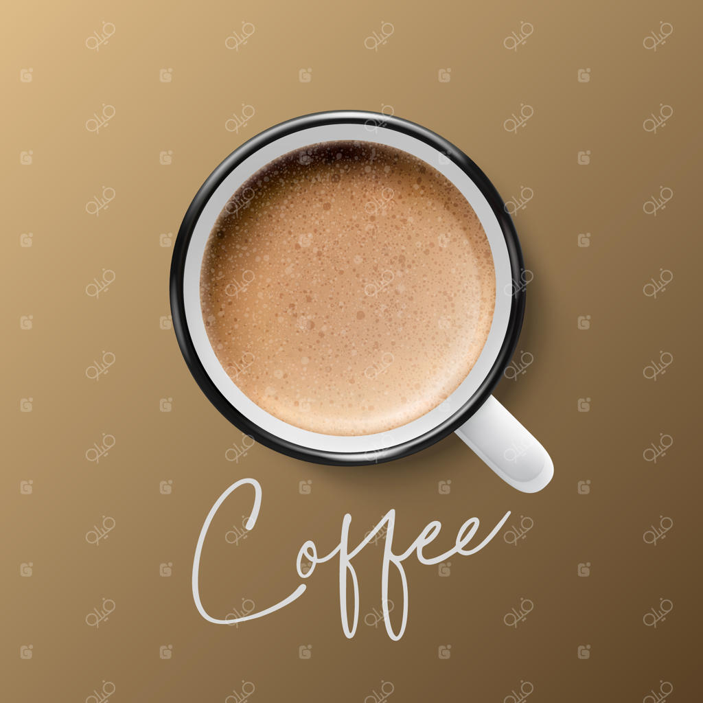 ماگ قهوه سرامیکی سفید و متالیک سه‌بعدی واقع‌گرایانه - نمای نزدیک روی زمینه قهوه‌ای - طراحی فوم شیر لاته کاپوچینو - مشاهده از بالا