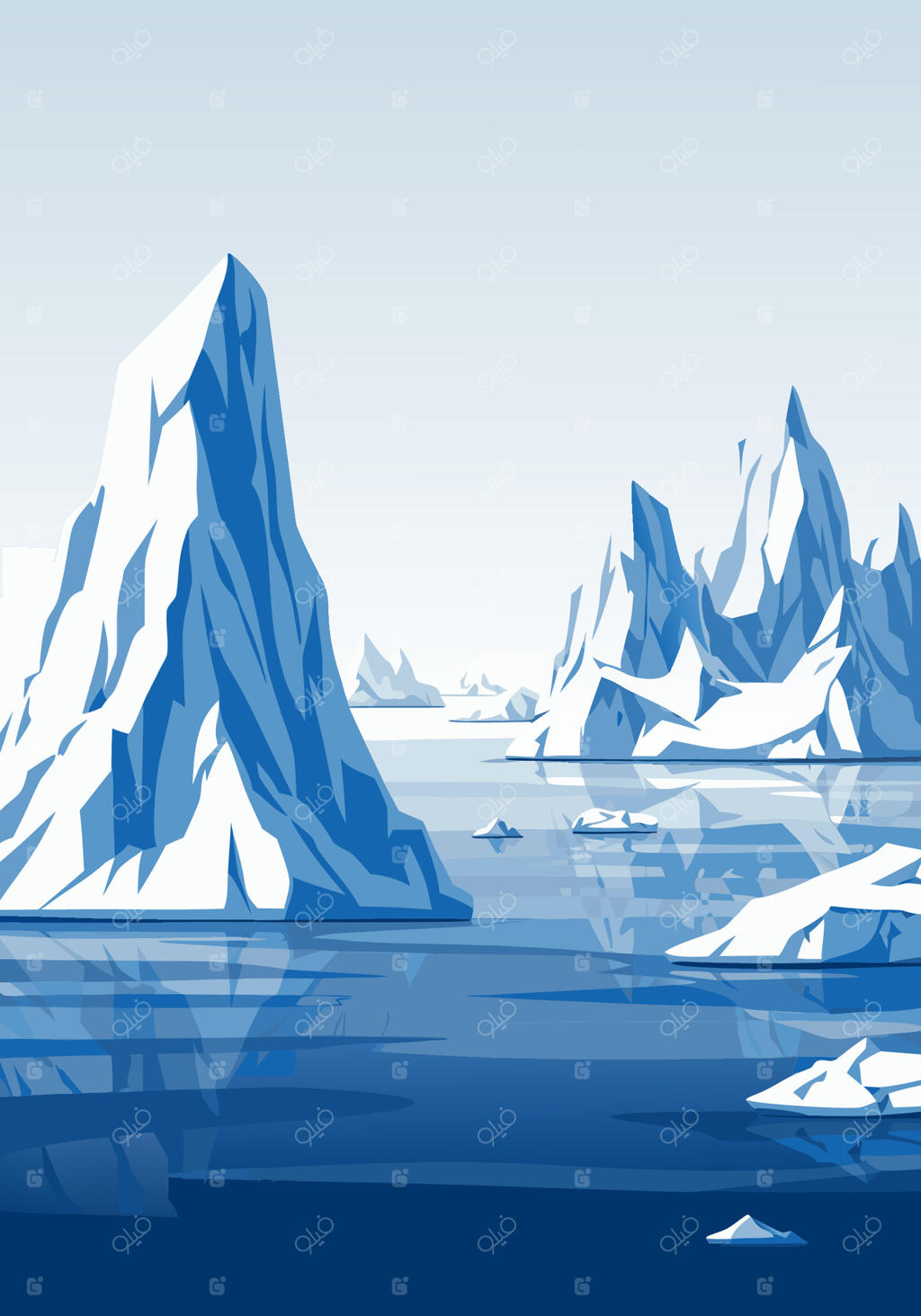 چشم‌انداز قطبی و کوه‌های یخ در اقیانوس سرد