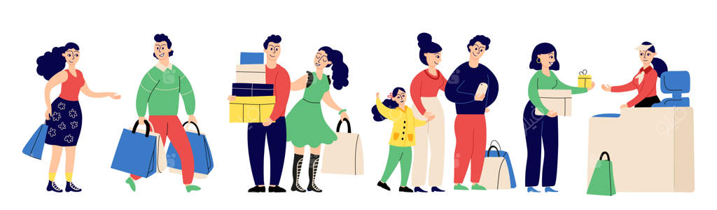 صف خرید: مشتریان خوشحال با کیسه خرید و جعبه هدیه - مرد، زن و کودک در صف انتظار