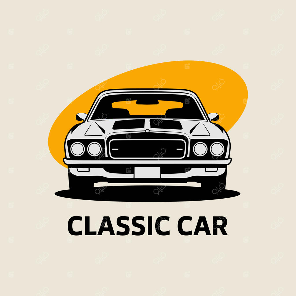 تصویری جسورانه از نمای جلوی یک خودروی عضلانی کلاسیک آمریکایی در قاب یک غروب زرد بیضی و نوشته «خودروی کلاسیک»