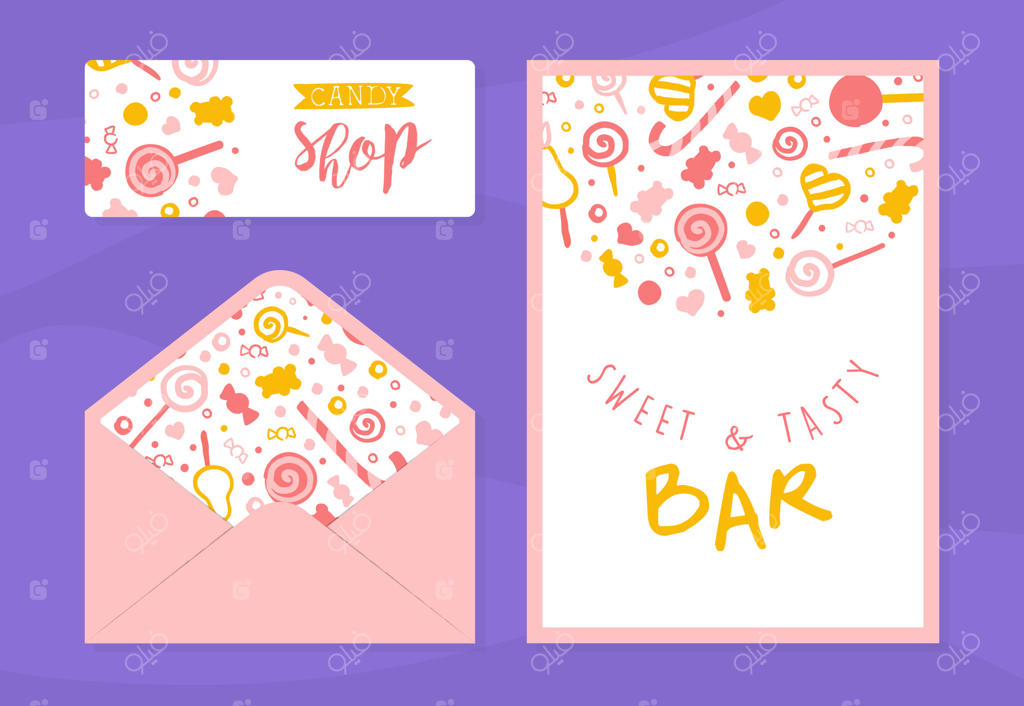 مجموعه قالب‌های کارت و پاکت شیرین و خوشمزه، مناسب فروشگاه، قنادی، کافه و بیزینس کارت‌ها با طرح یکپارچه شیرینی‌ها و دسرها