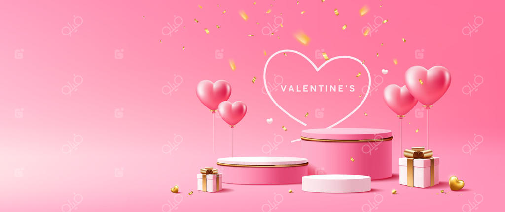 طراحی بنر روز ولنتاین: استیج نمایش با سه سکو در رنگ‌های صورتی و طلایی به همراه بادکنک‌های قلبی شکل و جعبه هدیه با روبان طلایی، بر روی زمینه صورتی