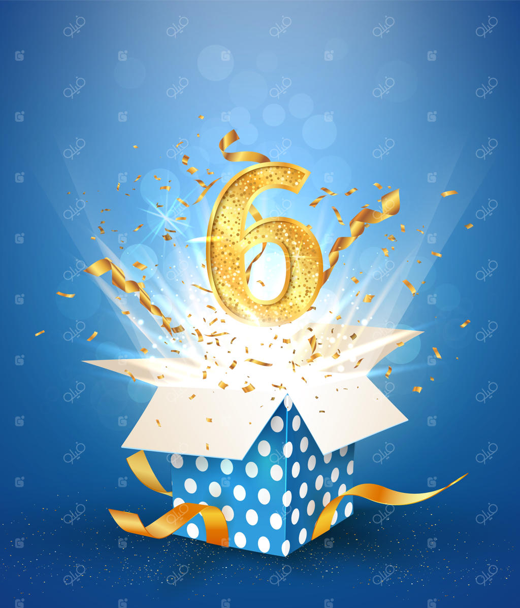 جشن شش سالگی با جعبه هدیه و انفجار کاغذهای رنگی - قالب جشن تولد شش سالگی بر روی زمینه آبی