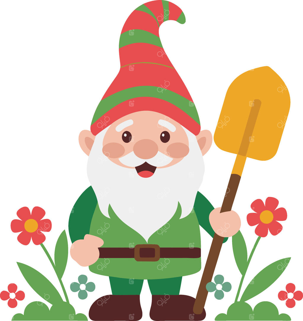 تصویر گنوم فانتزی باغ همراه با بیل در باغچه گل‌ها