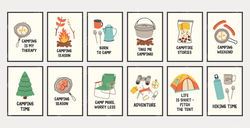 مجموعه پوسترهای کمپینگ عمودی. بروشور فعالیت‌های تابستانی در طبیعت با لوگوی کوهنوردی و کمپینگ، مفهوم تفریح در دل طبیعت. بنر تبلیغاتی برای ماجراجویی در جنگل و سفر تابستانی کمپینگ.