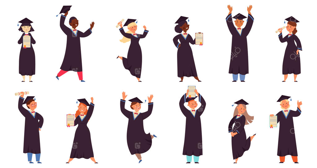 شخصیت‌های کارتونی فارغ‌التحصیلی: پسران، کودکان و دانش‌آموزان با لبخند و دیپلم در دستانشان