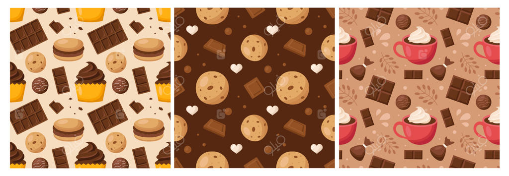 پترن یکپارچه از خوراکی‌های شکلاتی، کیک‌ها و شیرینی‌های آب‌شده به سبک تخت