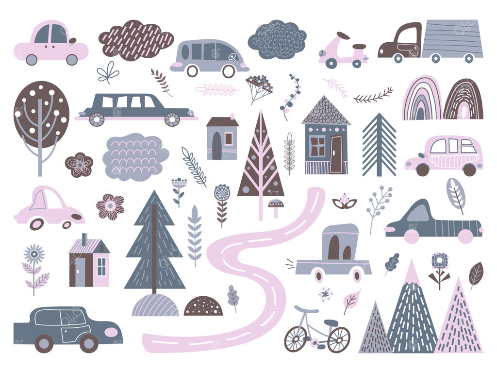 عناصر شهر اسکاندیناوی: حمل و نقل انتزاعی، ماشین‌های بامزه، جاده تا خانه، ساختمان‌های نوردیک، کامیون کوچک، مجموعه وکتور زیبا
