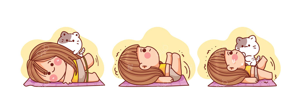 تصویرسازی کارتونی و طراحی دستی زن جوان در حال انجام تمرینات ورزشی، یوگا و تناسب اندام در خانه