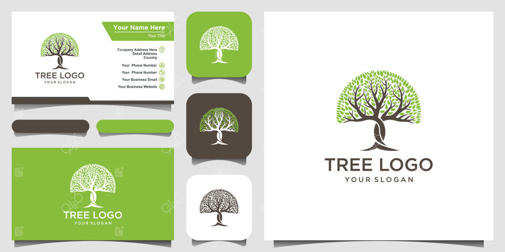 عناصر طراحی لوگوی درخت: قالب لوگوی برداری باغ سبز و طراحی کارت ویزیت