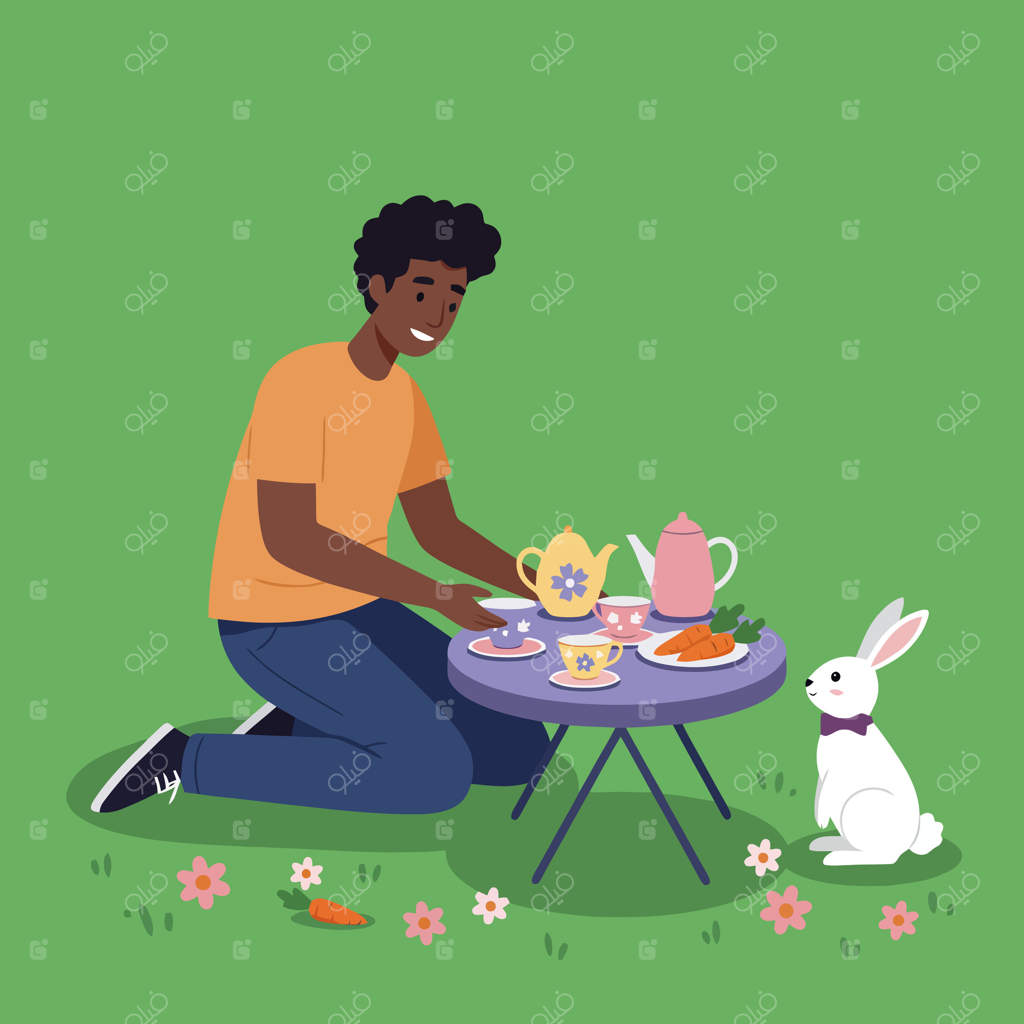 میهمانی چای با خرگوش بامزه در باغ (تصویرسازی)