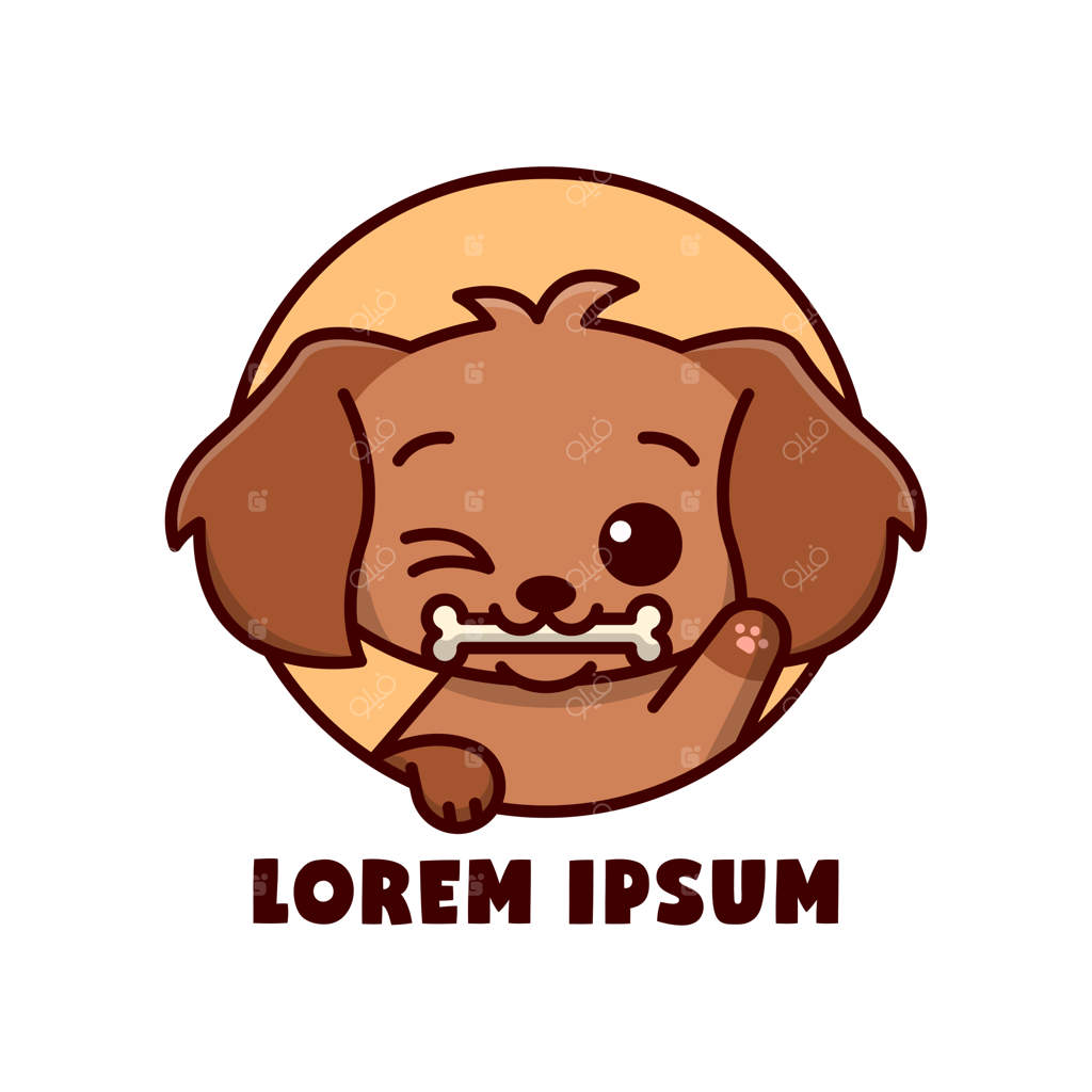 لوگوی کارتونی توله سگ قهوه‌ای بامزه با استخوان کوچک