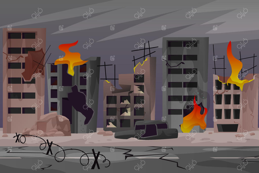 شهر ویران پس از جنگ: پیامدهای جنگ و خانه‌های تخریب‌شده - تصویرسازی وکتوری به سبک مدرن