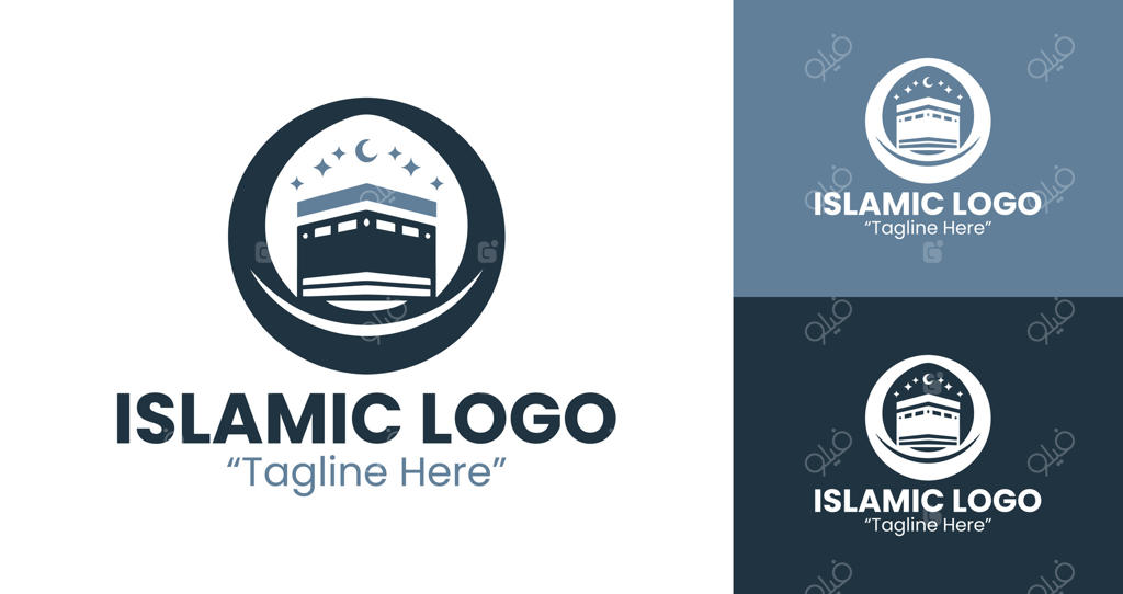 طراحی لوگوی مدرن اسلامی با کعبه و ستاره برای راهکارهای برندینگ شیک در آبی روشن و تیره