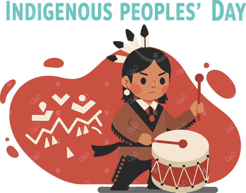 تصویرسازی جشن روز بومیان و نوازنده طبل سنتی با لباس محلی در حال نواختن