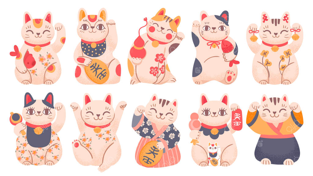 گربه‌های خوش‌شانس ژاپنی: مانکی‌نکو کارتونی در لباس‌های سنتی، همراه با ماهی، زنگوله و سکه طلا. مجموعه‌ای از گربه‌های بامزه و خوش‌شانس ژاپنی