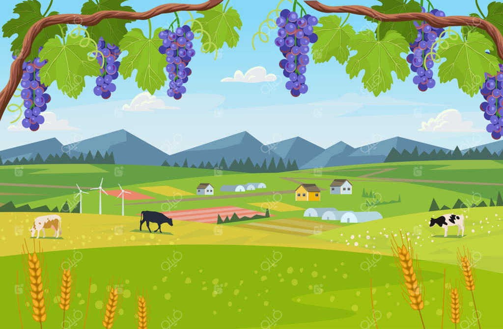 روستای پس‌زمینه با مزارع گلخانه‌ها و انگورها در پیش‌زمینه منظره.