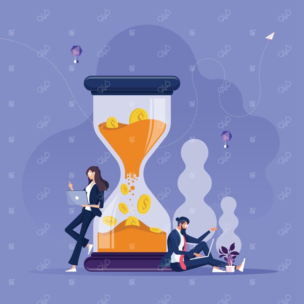 مرد و زن تاجر در کنار ساعت شنی بزرگ کار می‌کنند - مفهوم زمان پول است