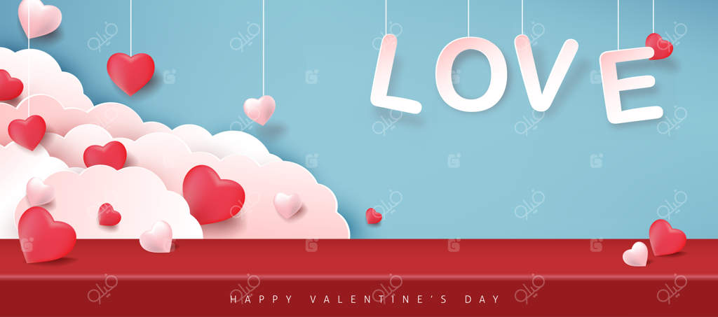 بنر روز ولنتاین با بادکنک‌های قلبی شکل.