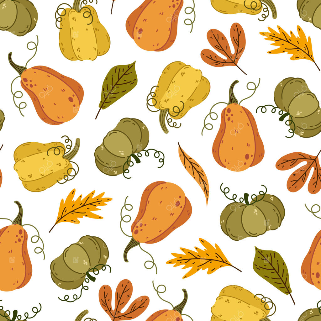 پترن یکپارچه پاییزی: کدو تنبل‌های رنگارنگ و برگ‌های پاییزی. برداشت محصول در مزارع و سبزیجات باغ. برگ‌های بلوط و افرا. تزئینات روستایی فصلی برای شکرگزاری و هالووین. زمینه کارتونی مسطح