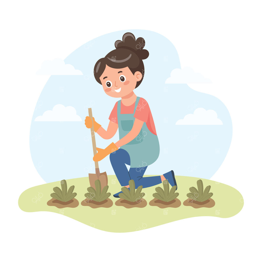دختری با بیلچه در حال مراقبت از گیاه. بانوی باغبان در بهار. طرح کارتونی زیبا.