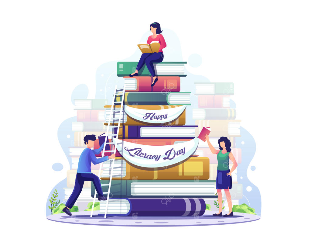 تصویرسازی جمع‌آوری و مطالعه گروهی کتاب در روز جهانی سوادآموزی