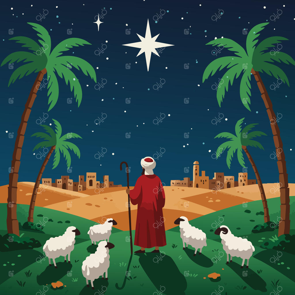 چوپان در شب زیر ستاره‌ای بر فراز بیت‌لحم، در میان گله گوسفندان و درختان نخل
