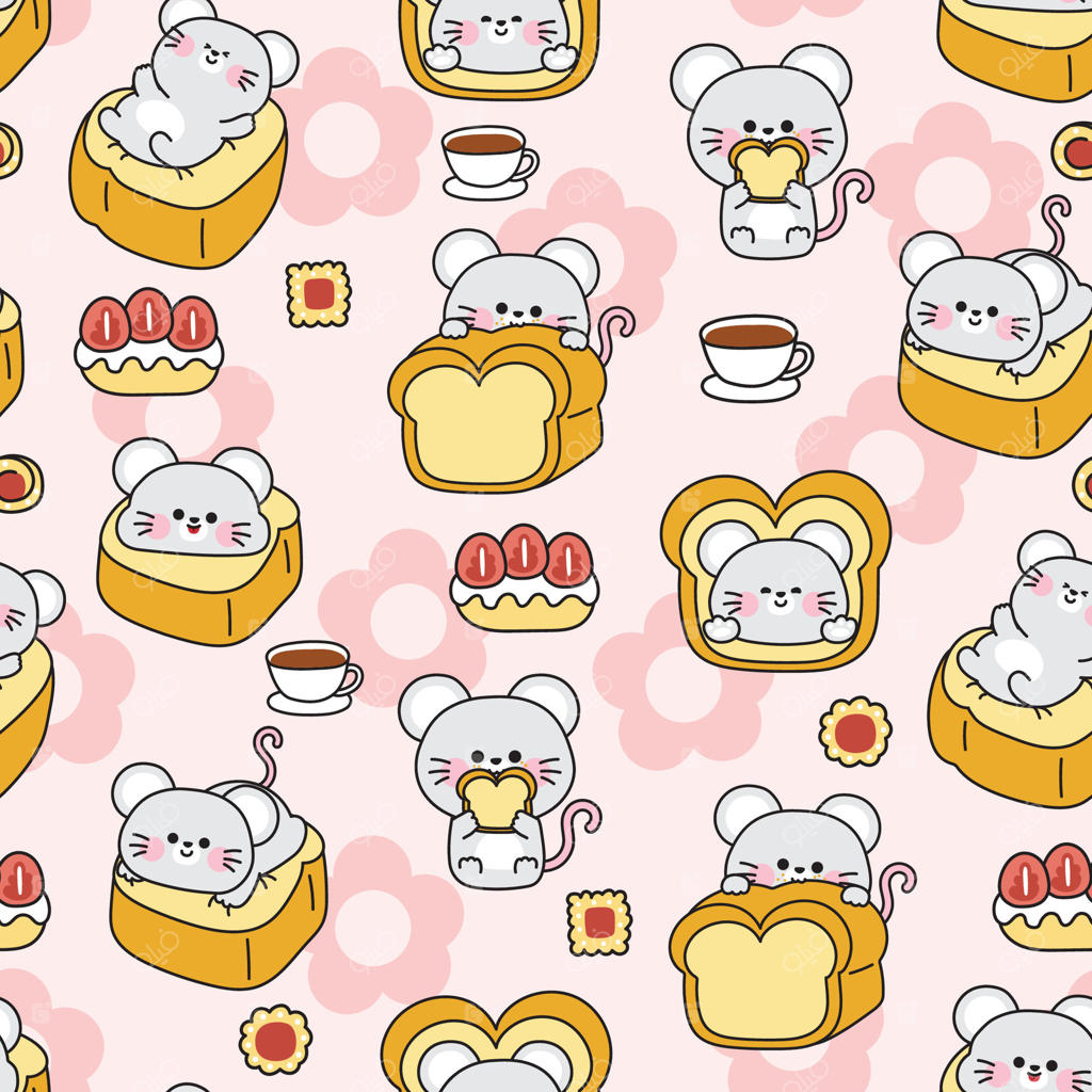 پترن یکپارچه موش‌های بامزه در حالت‌های مختلف با پس‌زمینه گل‌های ملایم. نانوایی. توت‌فرنگی، قهوه، نان. طراحی شخصیت کارتونی جوندگان. کاوایی. تصویرسازی
