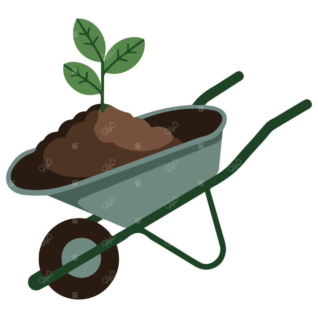 تصویری از چرخ‌دستی باغبانی با نهال‌های در حال رشد، بر روی زمینه سفید