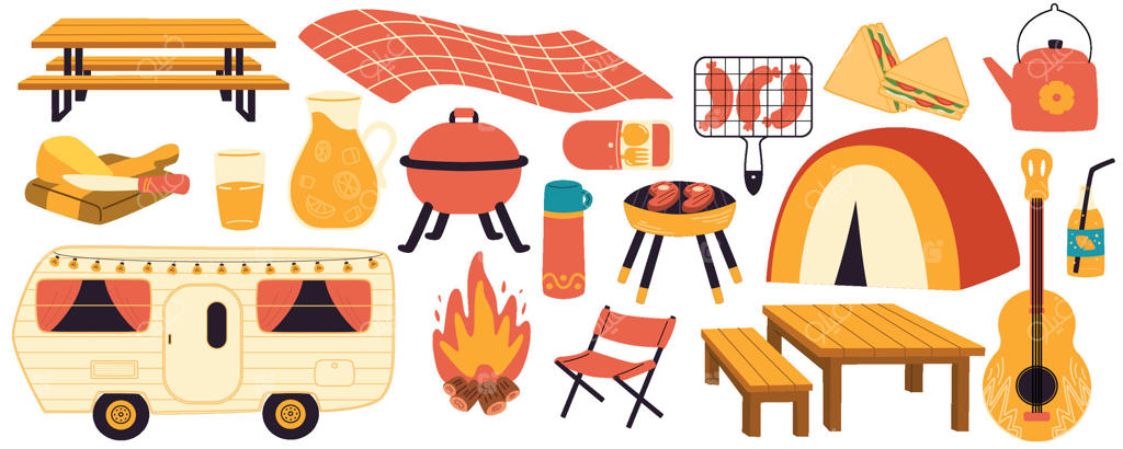 مجموعه عناصر کمپینگ و گردشگری؛ تعطیلات تابستانی در طبیعت