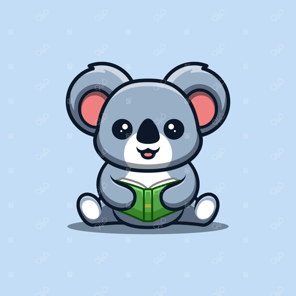 کوالا نشسته با کتاب در حال خواندن - لوگوی بامزه و خلاقانه کارتونی کائوایی