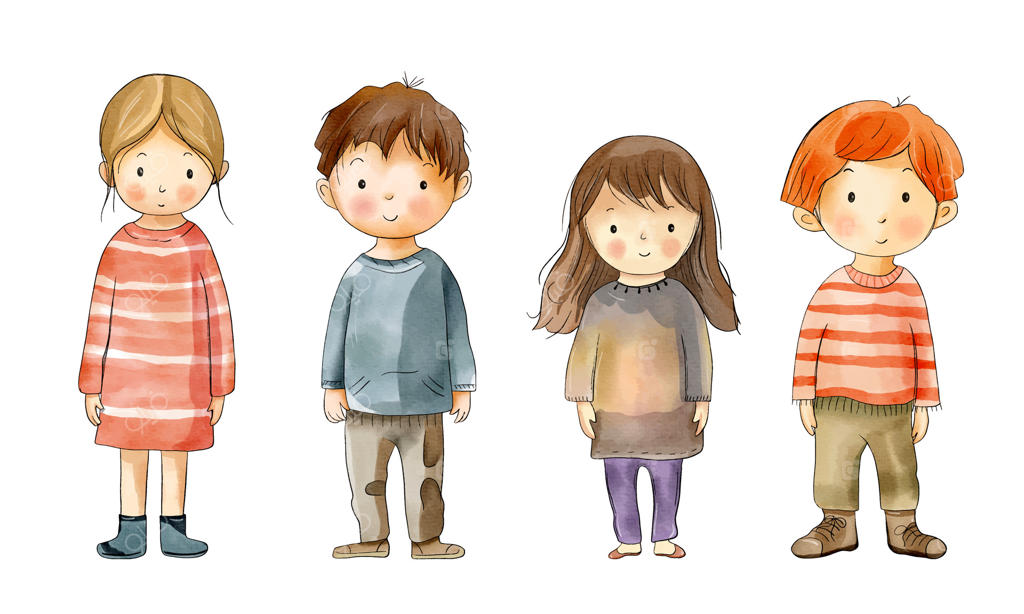 مجموعه‌ای از کودکان نقاشی شده با آبرنگ - دختر و پسر آبرنگی، نوزادان بامزه