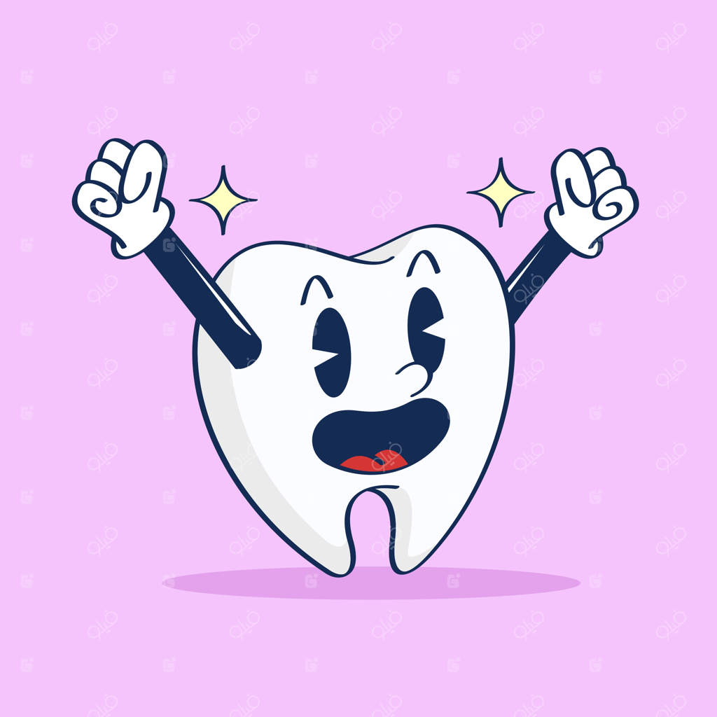 یک شخصیت کارتونی دندان با دست‌های بالا و لبخند - طراحی دستی به سبک قدیمی