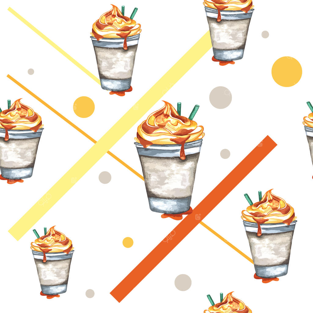طرح یکپارچه از میلک شیک و نوشیدنی سرد قهوه با کف و کارامل. دو نی. دسر شیرین. مناسب برای بسته‌بندی محصولات، لیوان‌های کاغذی و ظروف دیگر.