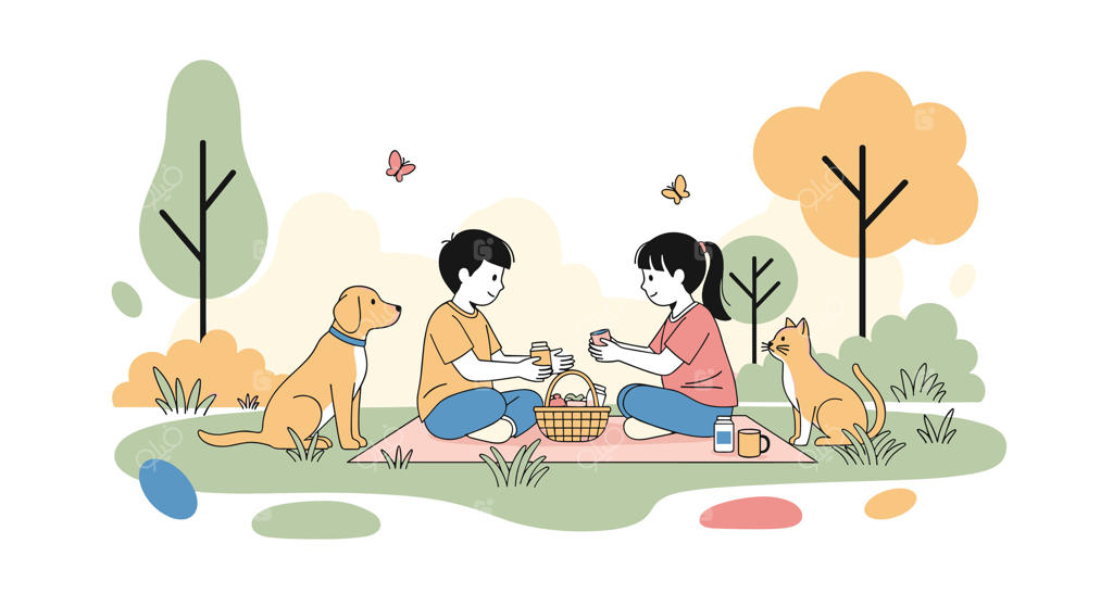 دورهمی شاد در فضای باز؛ لذت بردن کودکان و سگ‌ها از پیک‌نیک روی پتو